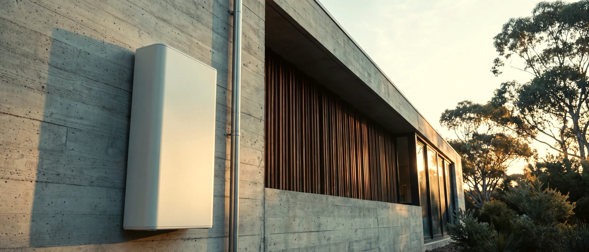 A wall-mounted home battery on the board-formed concrete wall of a modern Australian house at golden hour, with eucalypts behind it.