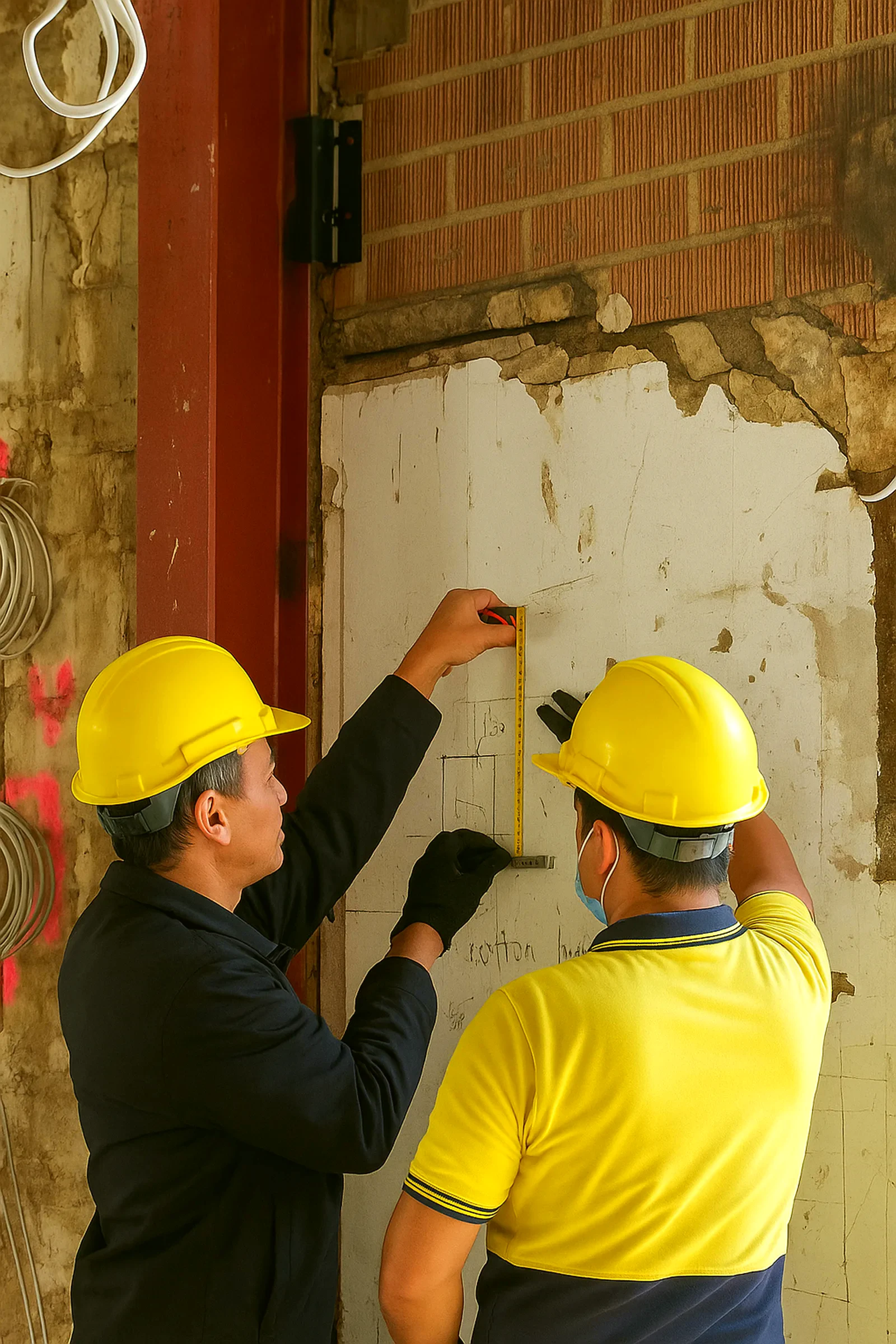 Two people in high-visibility workwear and hard hats marking up a wall together on site.