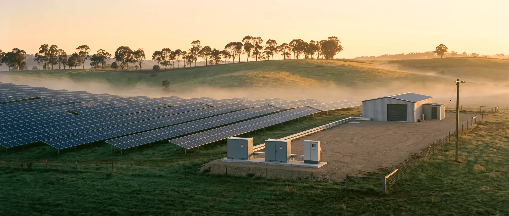 A ground-mounted solar array on rural land at dawn, with a shed and mist across the paddock behind it.
